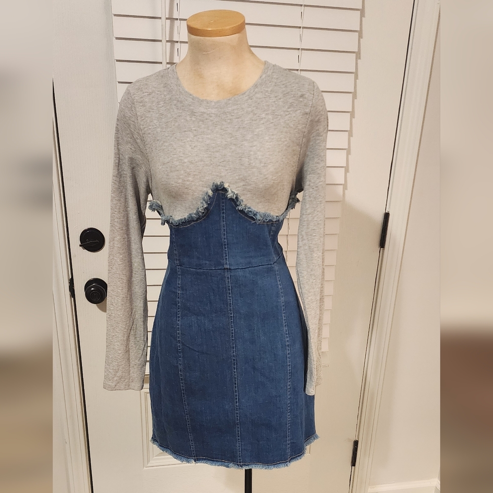 Akira Bodycon Denim Dress Patchwork Skinny Tassels Long Sleeve XL